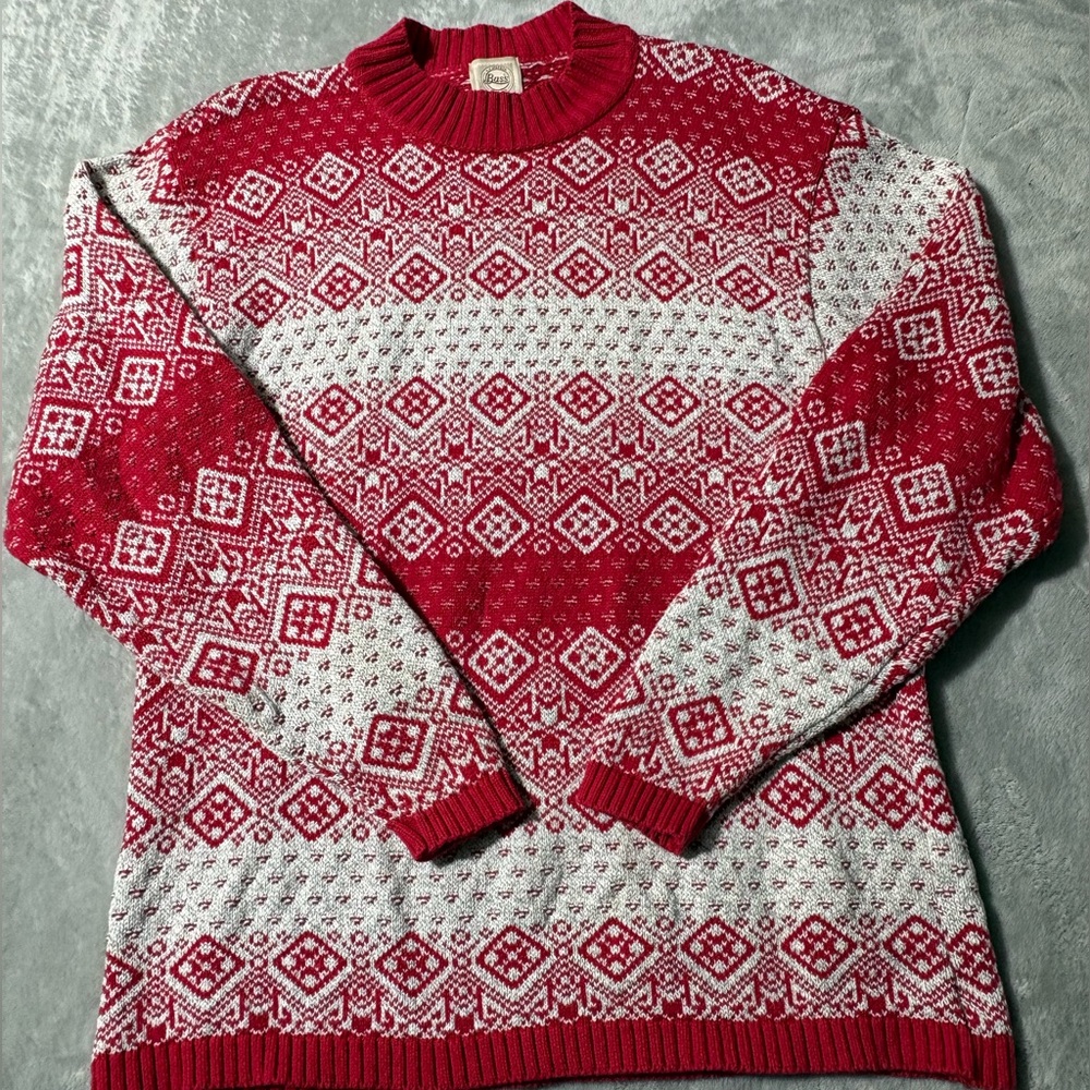 Vtg Bass Fair Isle Red & White 100%Cotton Chunky Crewneck Sweater. Sz S. MadeUSA